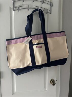 Vineyard Vines Cream Canvas Tote with Navy Straps & Pink Trim